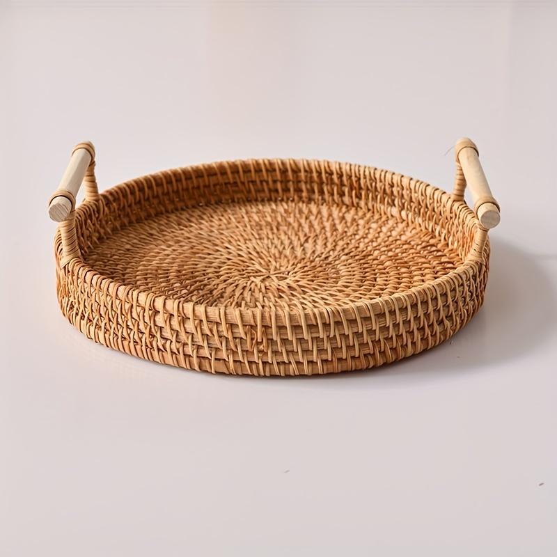 Round Rattan Storage Round Tray, Boho Style Tea Tray with Handle, Fruit Plate, Bread Snack Basket, Home Organizer for Kitchen Dining Room, Summer for Gift, Fall Decor, Room Decor