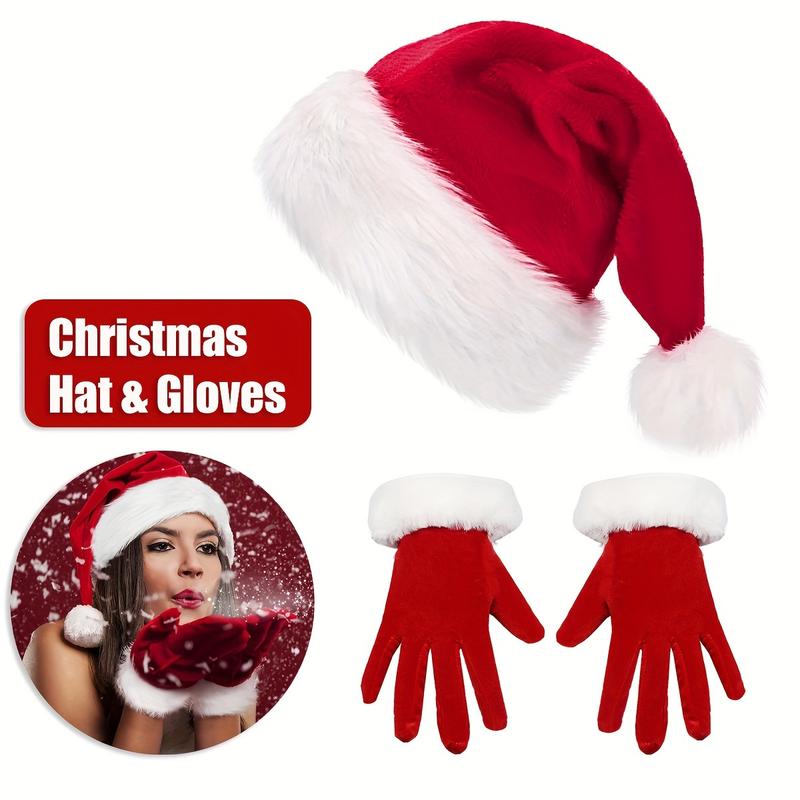 2-Piece Santa Costume Accessories Set, Cute Red Velvet Christmas Hat with White Trim and Matching Gloves, Suitable for Ladies, Pop Culture Style Polyester Role Play Party Props