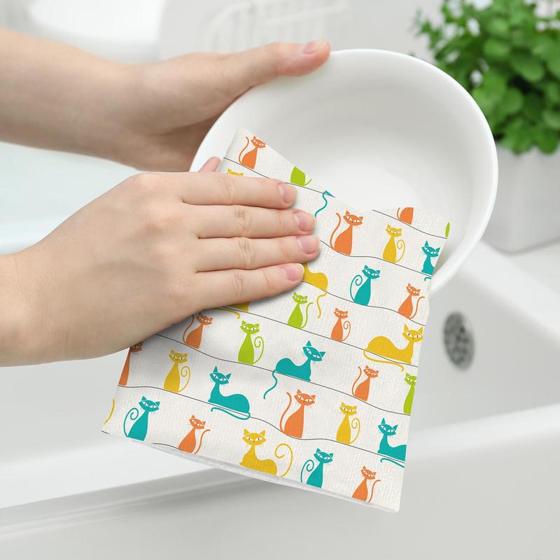 Cat Pattern Kitchen Towel, 2pcs Absorbent Dish Cloth with Hanging Loop, Household Hand Towel for Bathroom Kitchen