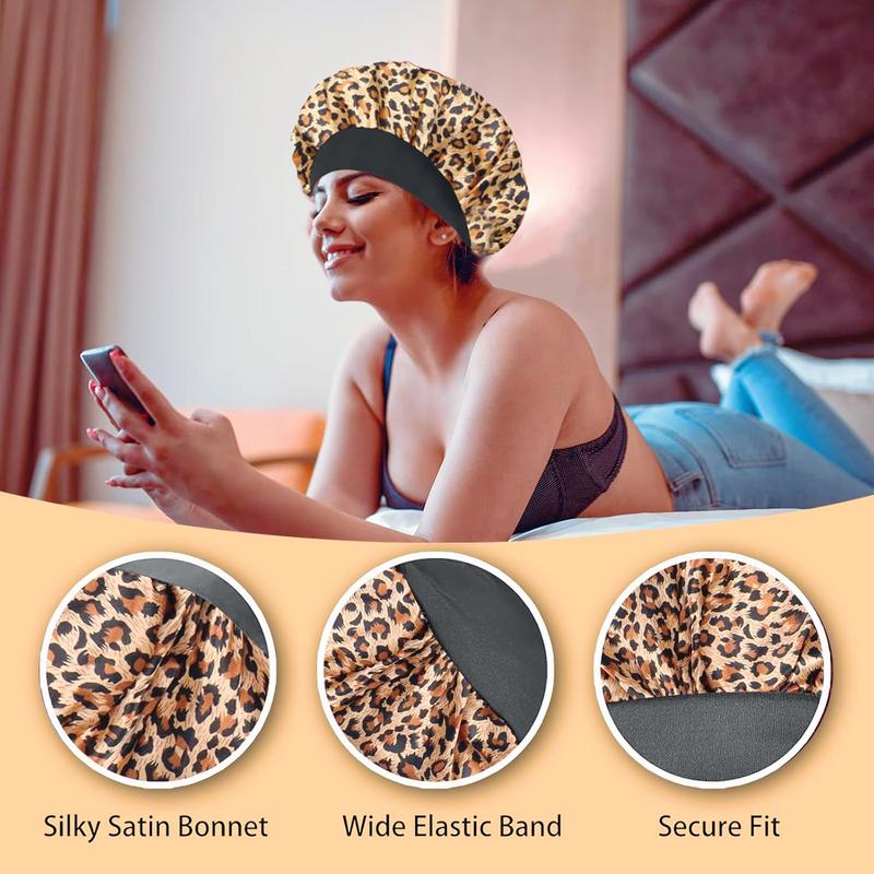 4 Count Silk Hair Bonnet for Sleeping,Hair Wrap Satin Bonnets Shower Cap for Black Women Men, Elastic Wide Band Hair Bonnet Cap for Sleeping Curly Hair(Black & Wine Red & Purple Print & Leopard Pattern)