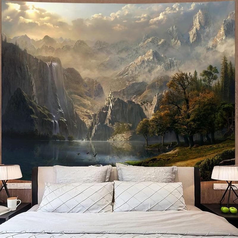 kampdream Fantasy World Tapestry, Mountain Forest Lake Landscape Tapestries, Wilderness Sunshine Nature Waterfall Tapestry for Bedroom Living Room Warm 60*80 inch