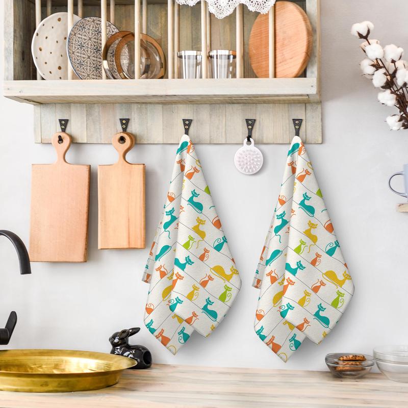 Cat Pattern Kitchen Towel, 2pcs Absorbent Dish Cloth with Hanging Loop, Household Hand Towel for Bathroom Kitchen