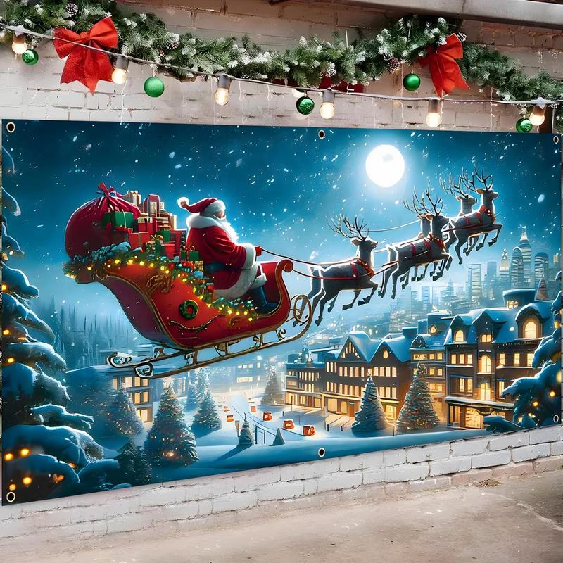 Christmas Themed Garage Door Banner, 1 Count Santa Claus & Reindeer Pattern Garage Door Decoration, Festive & Party Supplies for Home Decor