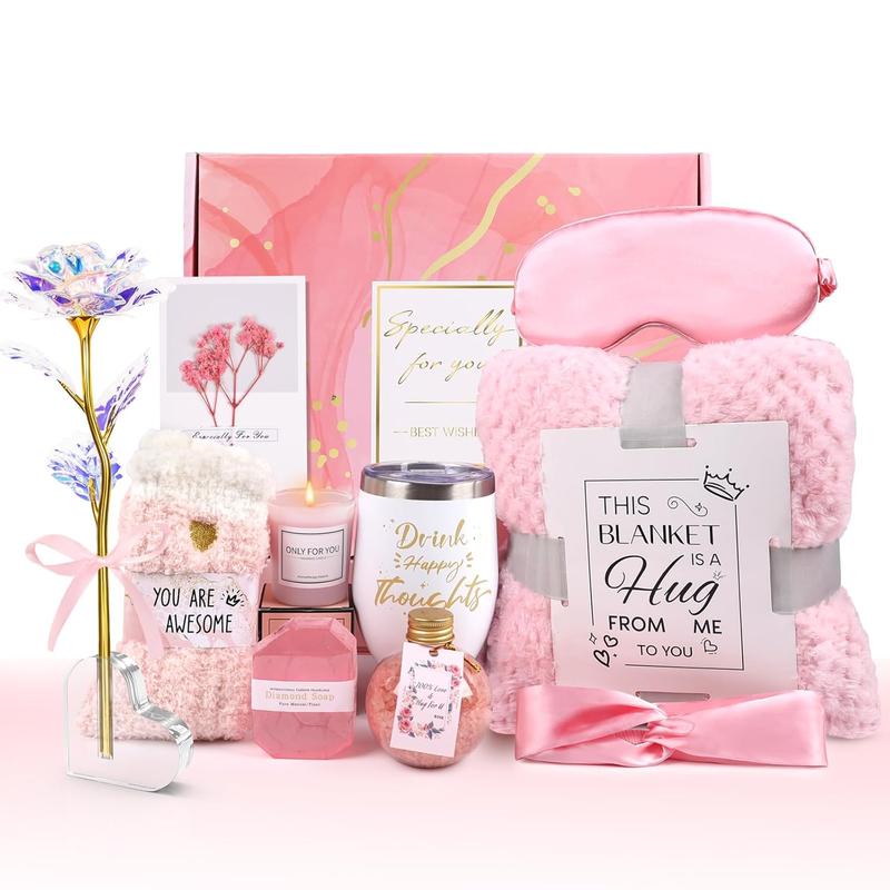 Birthday Gifts for Women Self Care Gifts Get Well Soon Gifts, Rose Relaxing  Gifts Basket Care Package, Luxury Flannel Blanket,  Xmas Gifts Idea for Christmas Mom Her  Friends Sister Wife