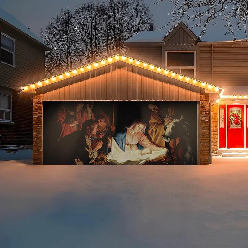 Christmas Themed Garage Door Cover, Shepherds Worshipping The Holy Child Pattern Garage Door Banner, Festive & Party Supplies for Home Decor