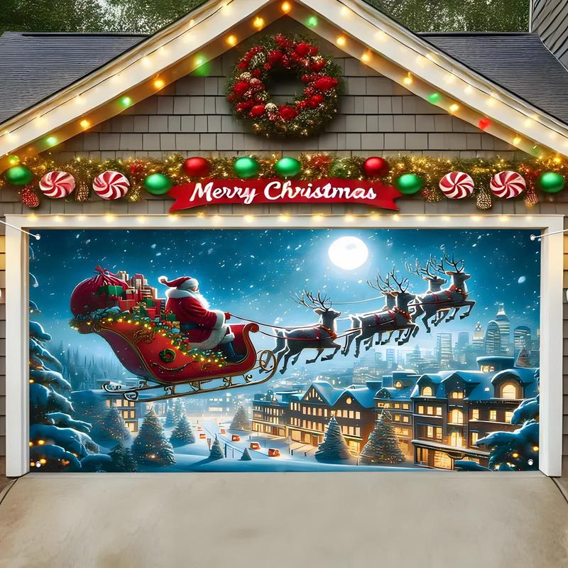 Christmas Themed Garage Door Banner, 1 Count Santa Claus & Reindeer Pattern Garage Door Decoration, Festive & Party Supplies for Home Decor