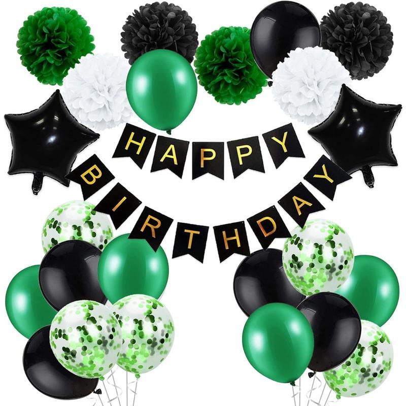 Birthday Decorations for Men Green and Black Party Decor Supplies Boy Including Happy Birthday Banner Confetti Latex Balloon Foil Balloon and Ribbon