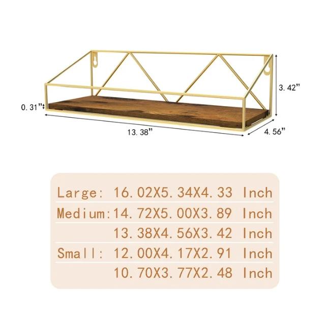 Wall Shelf Set of 5 - Gold, Floating Shelves for Wall Mounted, Ideal for Bathroom Kitchen Bedroom Living Room - Organiser, Racks Decor Installation Wood