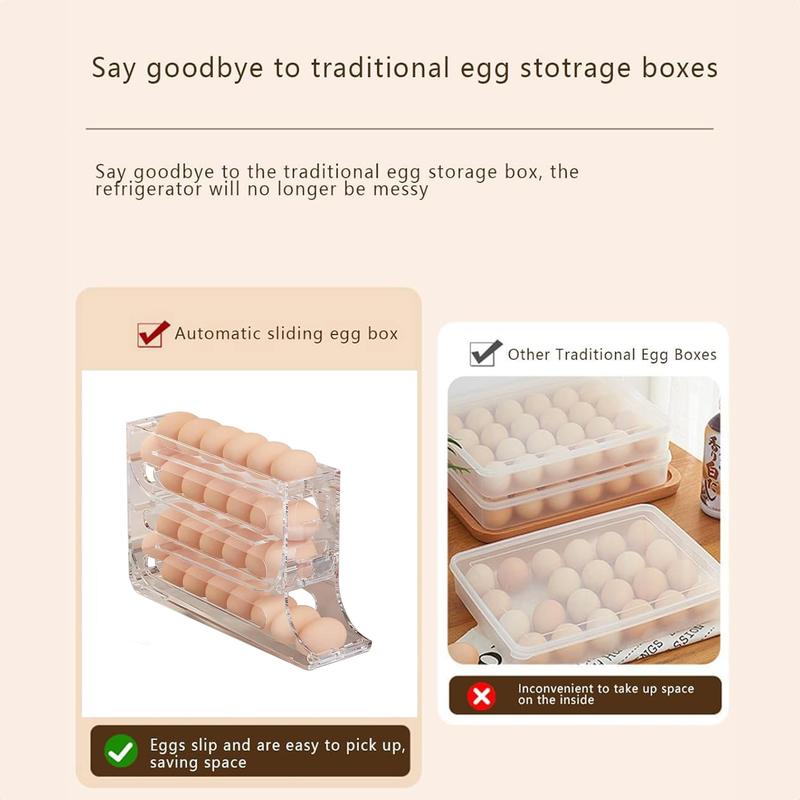 Transparent 30-Egg Refrigerator Organizer, Egg Storage Box, Auto-Rolling Egg Dispenser, Space-Saving 4-Tier Egg Holder, Large Capacity Egg Storage Rack