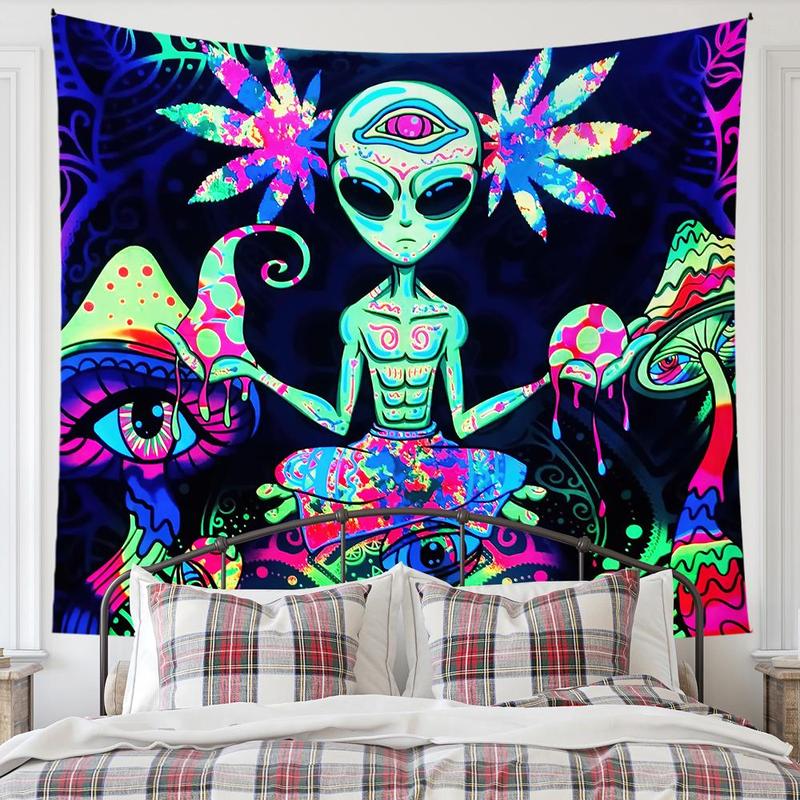 Alien & Mushroom Pattern Tapestry, Black Light Tapestry, Wall Hanging Blanket, Decorative Hanging Blanket for Home Living Room Bedroom