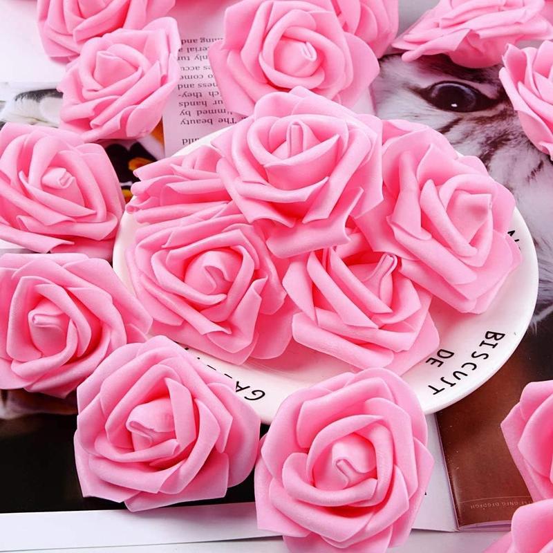 100 pieces Pink Roses Artificial Flowers Pink Foam Roses Heads Bulk Pink Flowers Artificial Roses for Baby Shower Decorations Decorative Fruit