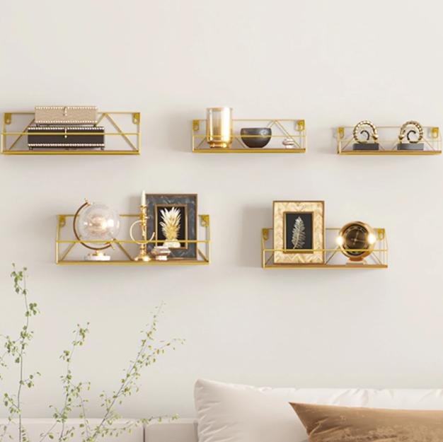 Wall Shelf Set of 5 - Gold, Floating Shelves for Wall Mounted, Ideal for Bathroom Kitchen Bedroom Living Room - Organiser, Racks Decor Installation Wood