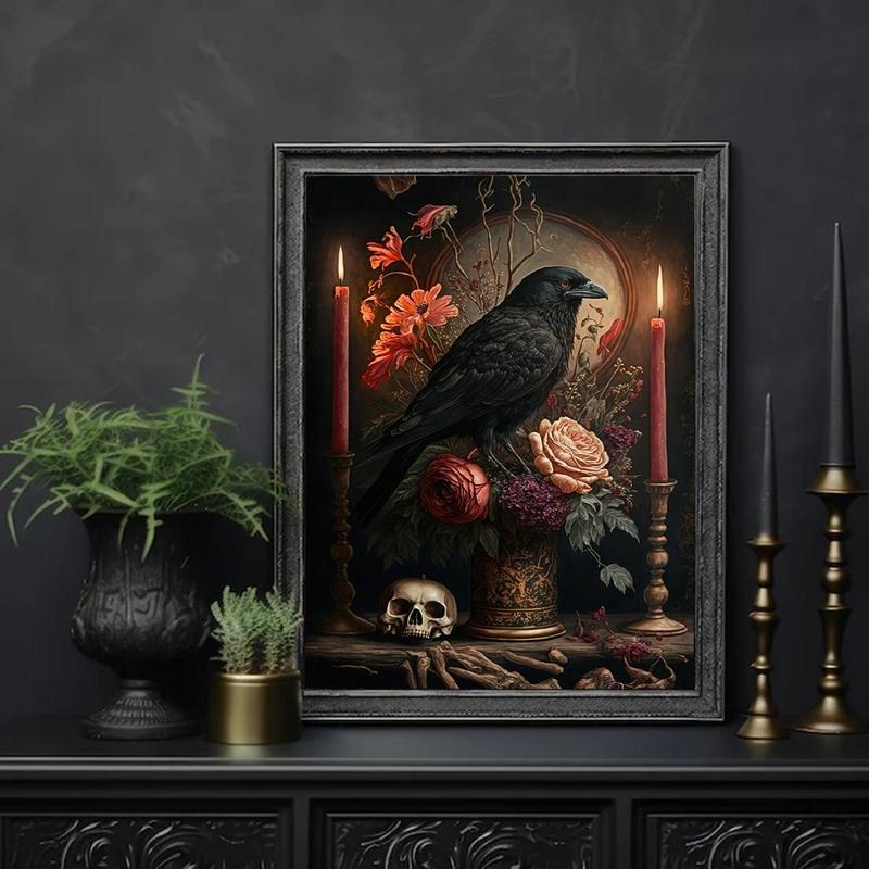  Crow & Flower Pattern Unframed Painting for Room Decor, Halloween Canvas Wall Art without Frame, Decorative Painting for Home Living Room Bedroom, Halloween Decor