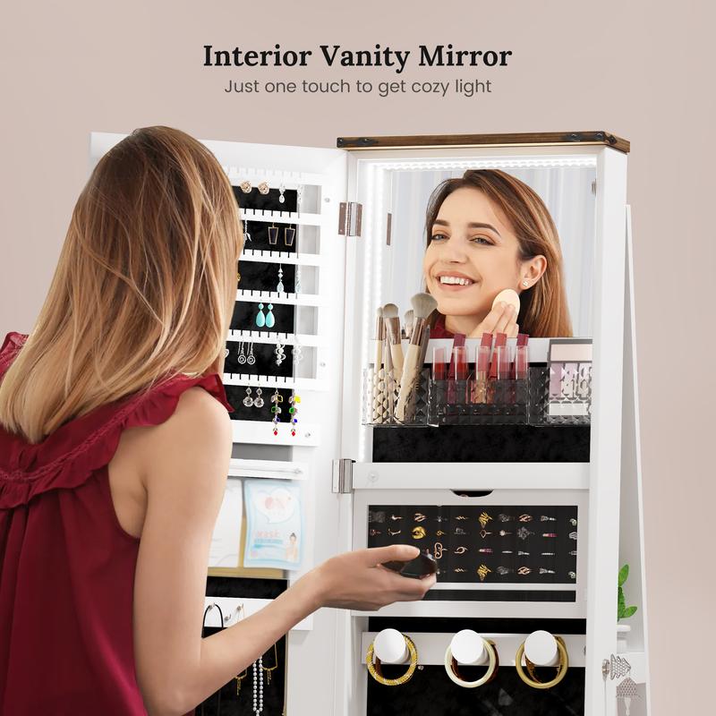 5-in-1 LED Jewelry Armoire with Double Mirrors: 360° Swivel Base, 3-Color Lights, Wooden Drawer and Storage Shelves Decor Vanity