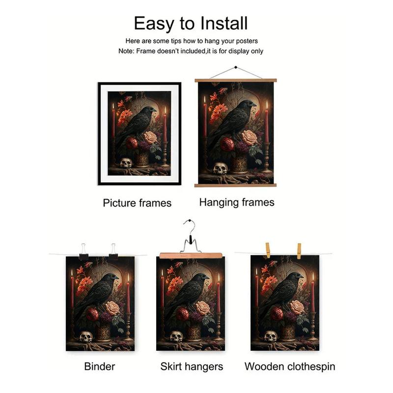  Crow & Flower Pattern Unframed Painting for Room Decor, Halloween Canvas Wall Art without Frame, Decorative Painting for Home Living Room Bedroom, Halloween Decor