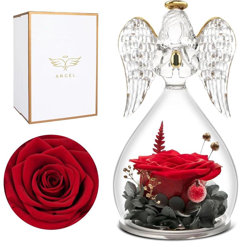 Preserved Flower Rose Birthday Gifts for Mom, Angels Figurines with Forever Real Rose Gifts for Women Mom Grandma, Angels Gifts for Christmas Thanksgiving Anniversary (Red)