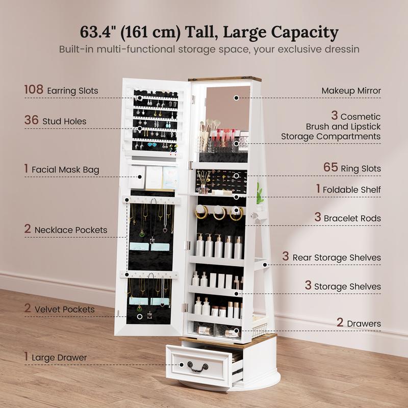 5-in-1 LED Jewelry Armoire with Double Mirrors: 360° Swivel Base, 3-Color Lights, Wooden Drawer and Storage Shelves Decor Vanity