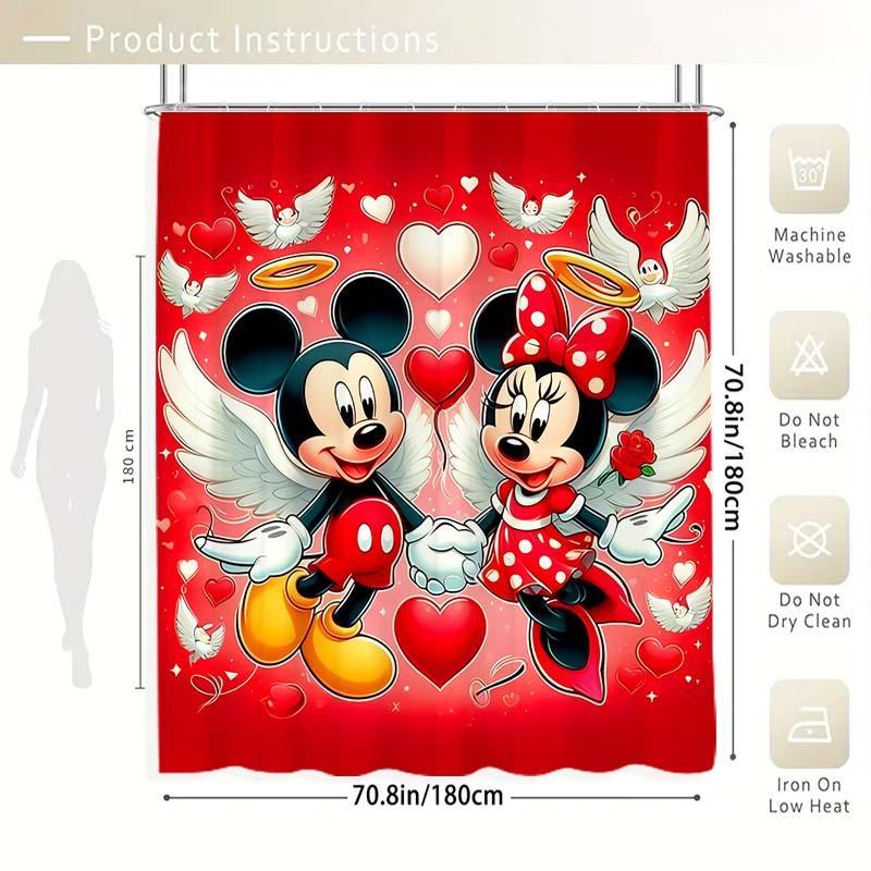 Cartoon Minnie & Mickey & Wings Pattern Shower Curtain, 1 Count Waterproof Bathroom Curtain with Hooks, Bathroom Decor Supplies for Home Hotel Salon Dormitory