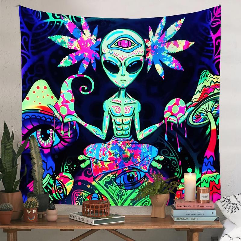 Alien & Mushroom Pattern Tapestry, Black Light Tapestry, Wall Hanging Blanket, Decorative Hanging Blanket for Home Living Room Bedroom