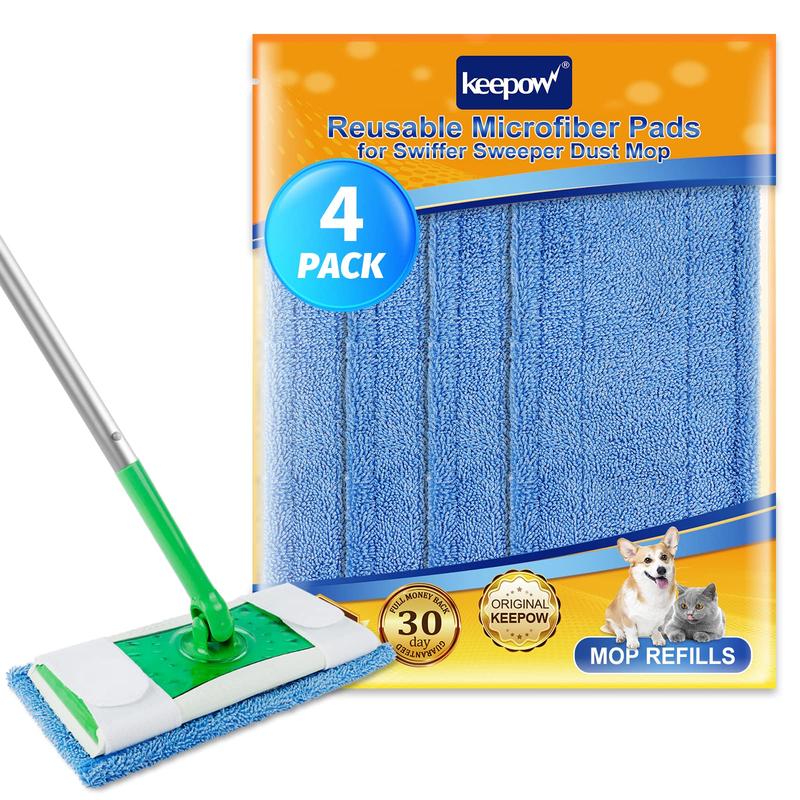 KEEPOW Reusable Wet Pads Compatible with Swiffer Sweeper Mop, Dry Sweeping Cloths, Washable Microfiber Mop Wet Pads Refills for Hard-Surface Hardwood Floor Cleaning, 4-Pack