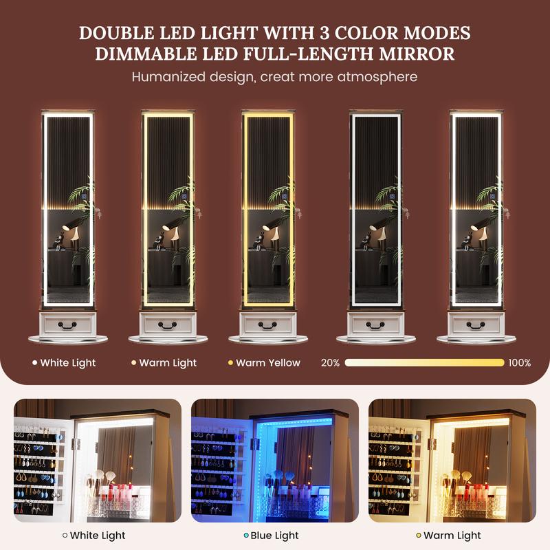 5-in-1 LED Jewelry Armoire with Double Mirrors: 360° Swivel Base, 3-Color Lights, Wooden Drawer and Storage Shelves Decor Vanity