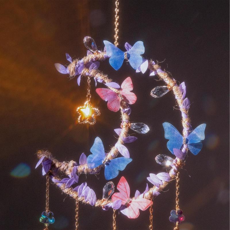 Hangable Room Decor Moon & Butterfly & Flower Design Dream Catcher, Artificial Crystal Hanging Decor, Home Deocr Sun Catcher for Garden Window Living Room Bedroom, Bedroom Decor, Gifts for Girlfriend