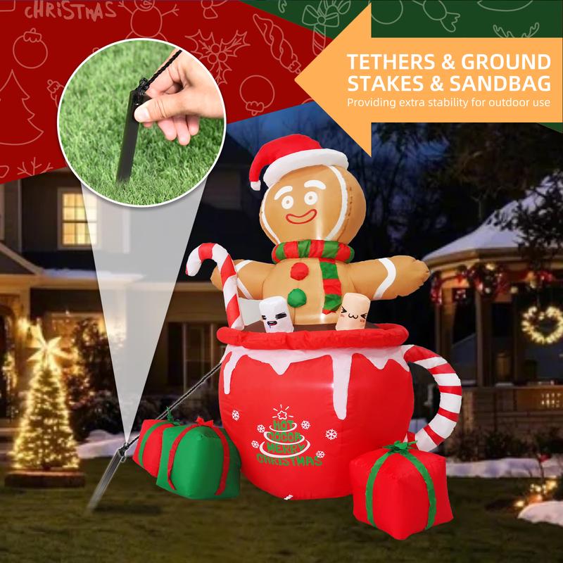 Christmas Gifts, Gardwin 6ft Gingerbread Christmas Inflatable Outdoor Decoration, Christmas Outdoor Decoration Blow up Gingerbread Mug Yard Decorations Clearance with Built-in LEDs for Indoor Garden Lawn Party Decor