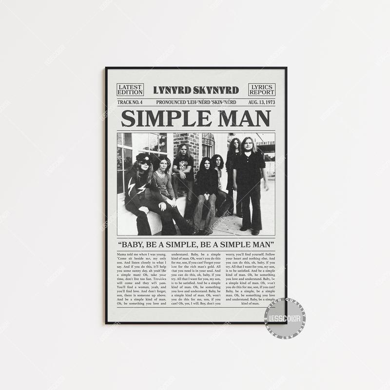 Lynyrd Skynyrd Retro Newspaper Print Poster No Frame , Simple Man Poster, Simple Man Lyric Print, Lynyrd Skynyrd Poster, LC3