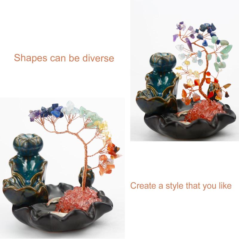 Chakras Backflow Incense Burner, Crystal Tree Incense Waterfall Fountain, Cone Incense Holde, Living Room Shelf Aesthetic Decor