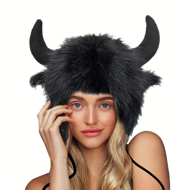 Viking Horned Beanie Hat, 1 Count Soft Warm Cute Polyester Fiber Faux Fur Winter Cap for Cosplay, Costume and Novelty Party Accessory