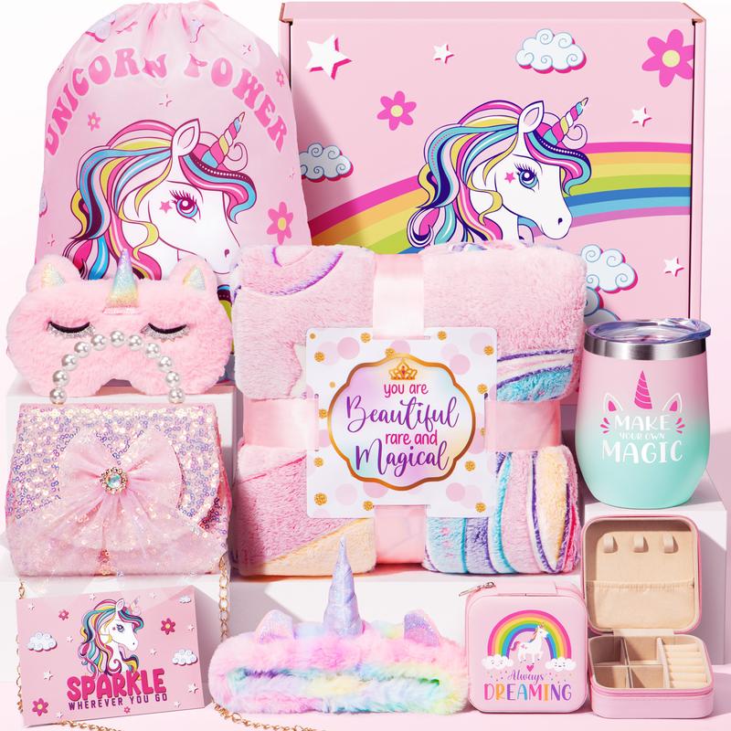 Tiblue Unicorn Themed Gifts  Halloween, Thanksgiving, Birthday Christmas Gifts with Glow-in-the-Dark Blanket, Purse, Cup, and Jewelry Box