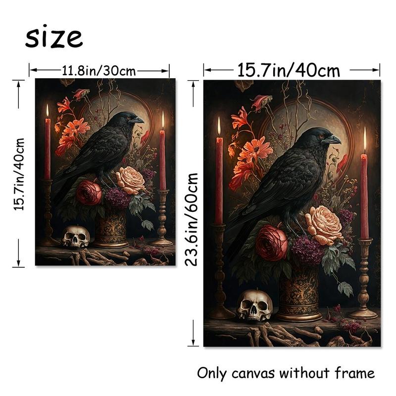  Crow & Flower Pattern Unframed Painting for Room Decor, Halloween Canvas Wall Art without Frame, Decorative Painting for Home Living Room Bedroom, Halloween Decor