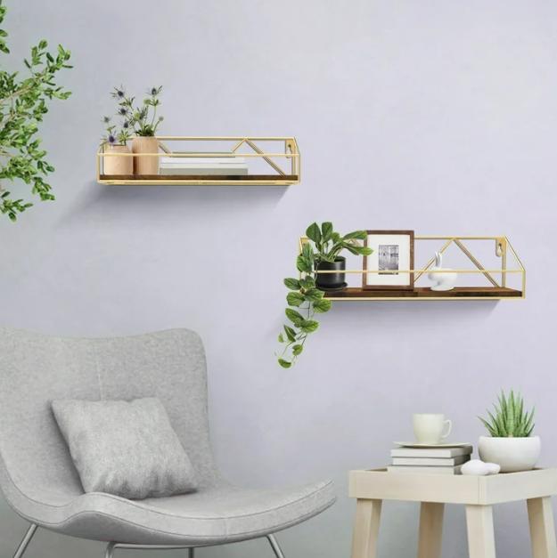 Wall Shelf Set of 5 - Gold, Floating Shelves for Wall Mounted, Ideal for Bathroom Kitchen Bedroom Living Room - Organiser, Racks Decor Installation Wood