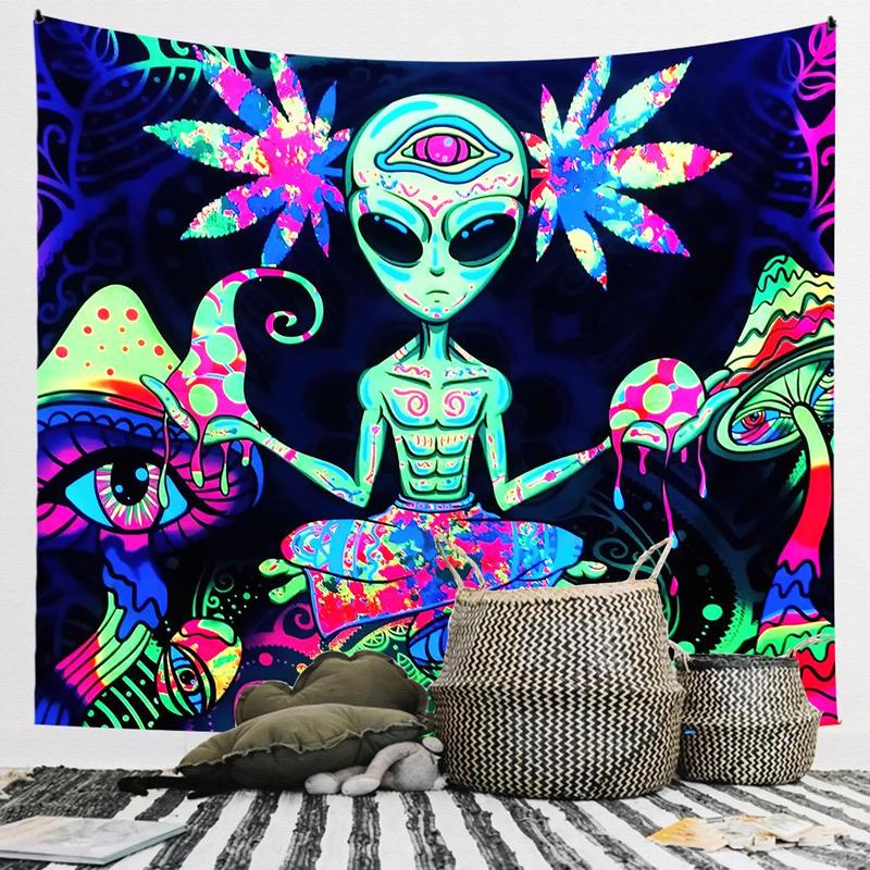 Alien & Mushroom Pattern Tapestry, Black Light Tapestry, Wall Hanging Blanket, Decorative Hanging Blanket for Home Living Room Bedroom