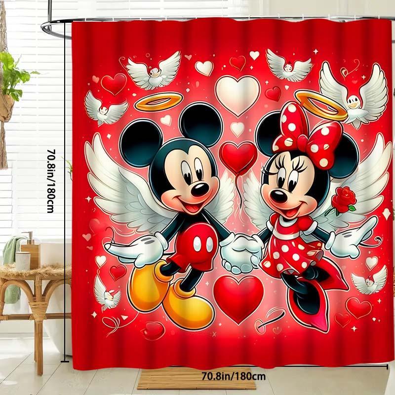 Cartoon Minnie & Mickey & Wings Pattern Shower Curtain, 1 Count Waterproof Bathroom Curtain with Hooks, Bathroom Decor Supplies for Home Hotel Salon Dormitory