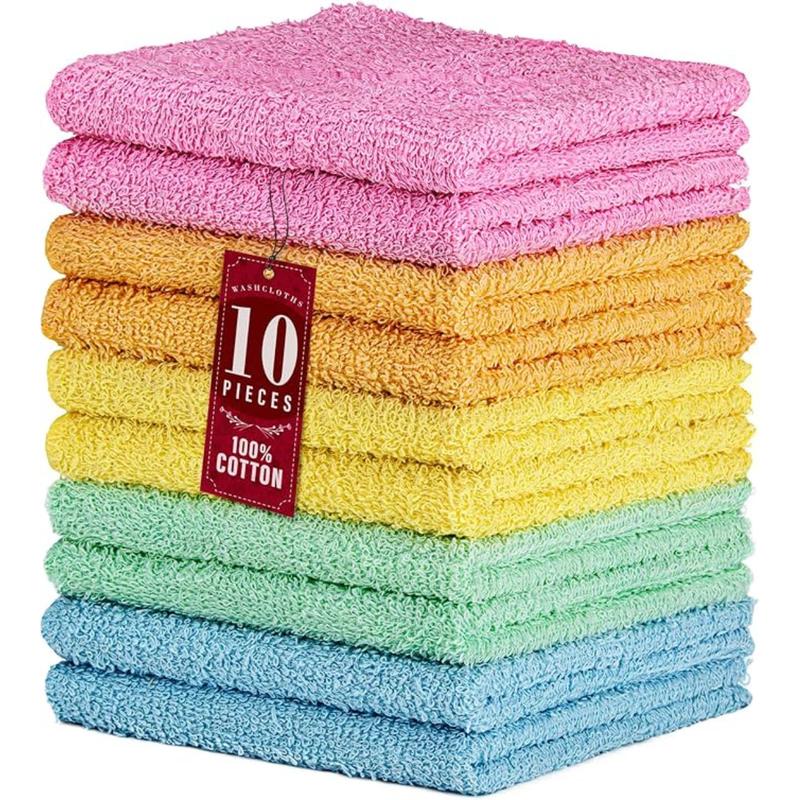 10 Pack 100% Cotton Wash Cloth, Luxurious Soft, 12 x 12 inch Ultra Absorbent, Machine Washable Washcloths, Assorted Colors (10 Pack)