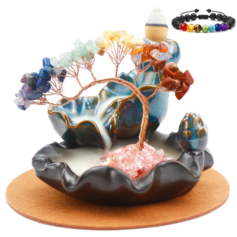 Chakras Backflow Incense Burner, Crystal Tree Incense Waterfall Fountain, Cone Incense Holde, Living Room Shelf Aesthetic Decor