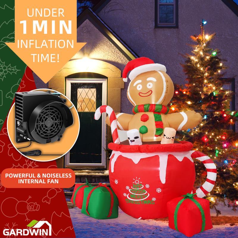 Christmas Gifts, Gardwin 6ft Gingerbread Christmas Inflatable Outdoor Decoration, Christmas Outdoor Decoration Blow up Gingerbread Mug Yard Decorations Clearance with Built-in LEDs for Indoor Garden Lawn Party Decor