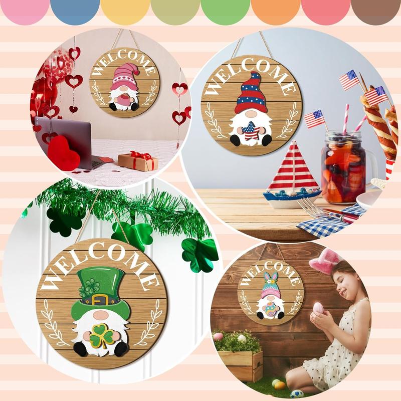 Interchangeable Wooden Gnome Decor Holiday Seasonal Gnome Decorations with 15 Magnet Pieces and 15 Detachable Hats Gnome Changeable Welcome Sign for Home