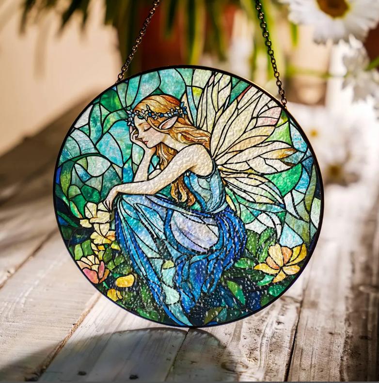 Fairy Stained Glass Sun Catcher – Enchanted Forest Fairy Window Hanging, Light Catcher for Home Decor, Perfect Gift for Fairy Lovers