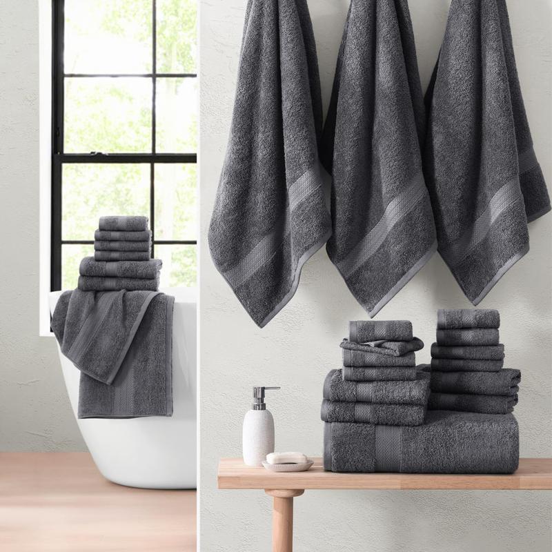 24 Piece Bath Towels Set - 100% Cotton Bathroom Towels, Absorbent Towels for Bathroom, 4 Large Bath Towels, 2 Bath Sheets, 6 Hand Towels, 8 Wash Cloths, 4 Fingertip Towels - Cool Grey