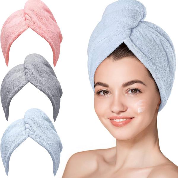 Hair Towel, 3 Packs Hair Turbans for Wet Hair, Drying Hair Wrap Towels for Curly Hair Women Anti Frizz (Blue,Grey,Pink) Smooth Microfiber