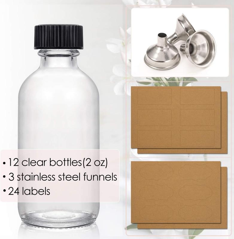 12 Pack, 2 oz Small Clear Glass Bottles with Lids & 3 Stainless Steel Funnels - 60ml Boston Sample Mini Travel Essential Bottles for Potion, Juice, Wellness, Ginger Shots, Whiskey, Liquids