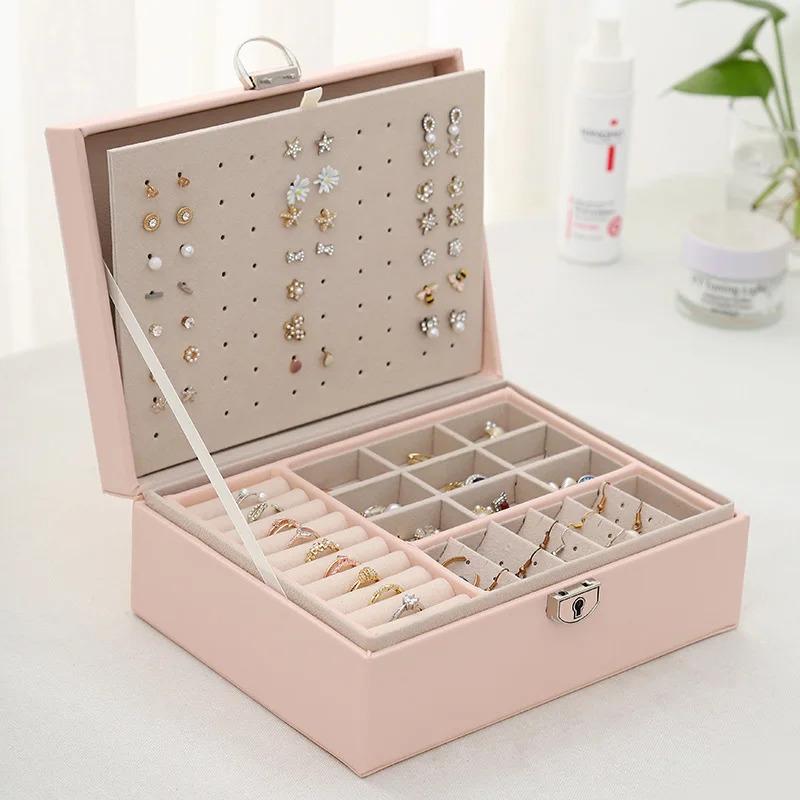 Large Capacity Jewelry Box Rings Earrings Display Leather Jewelry Tray Box Necklaces Portable Storage Organizer Gift For Girls