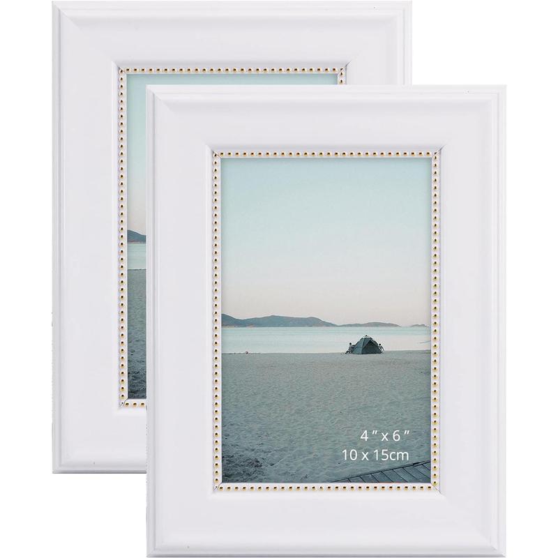 4x6 Picture Frames, Real Glass, Display Photos for Wall or Tabletop, White with Gold Beads, 2-Pack