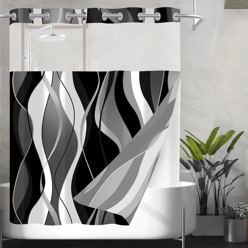 No Hook Shower Curtain with Snap in Liner Black Striped Shower Curtain and Liner Set White Shower Curtain Liner Modern Fabric Shower Curtain with See Through Top Window Washable, 71 x 74 Inch