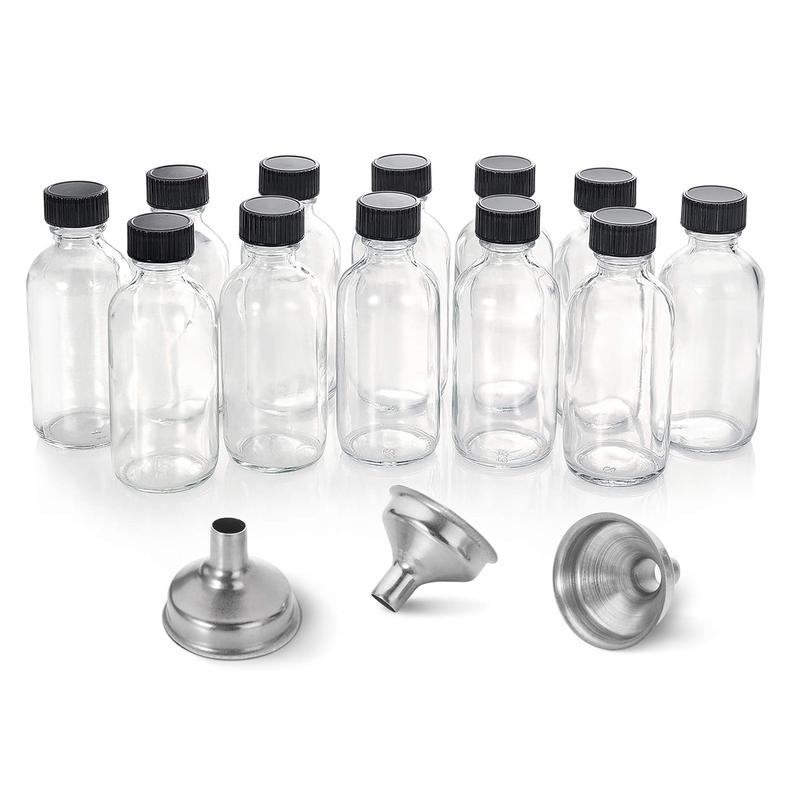 12 Pack, 2 oz Small Clear Glass Bottles with Lids & 3 Stainless Steel Funnels - 60ml Boston Sample Mini Travel Essential Bottles for Potion, Juice, Wellness, Ginger Shots, Whiskey, Liquids