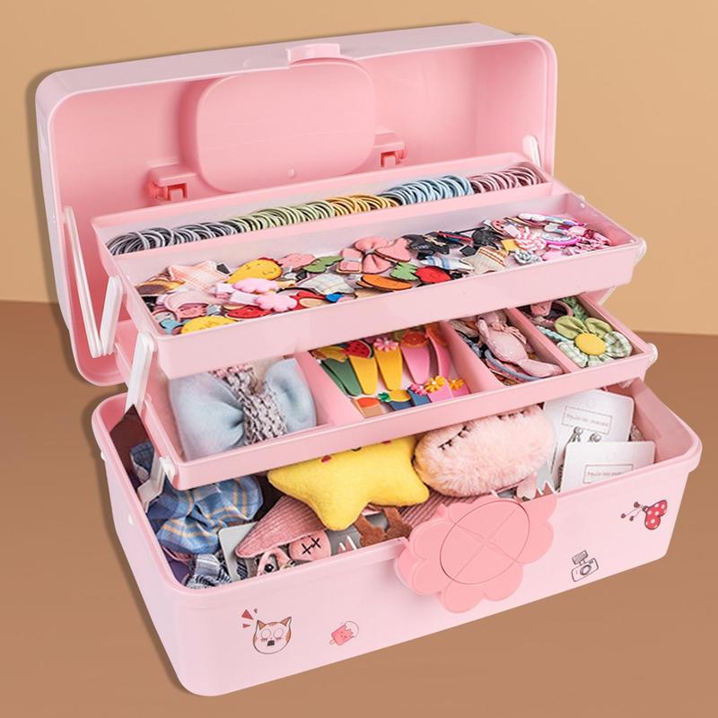 Hair Accessories Storage Box with Cartoon Stickers, 1 Count Portable Multi-layer Hairpin Organizer, Jewelry Case for Girls, Home Organizer for Bedroom