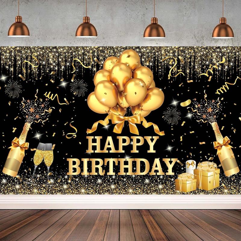 180x120 cm Glitter Gold Black Happy Birthday Backdrops Cloth 71x47 in. Black Golden Birthday Photography Background Happy Birthday Sign Wall Banner Birthday Celebration Decoration for Men Women