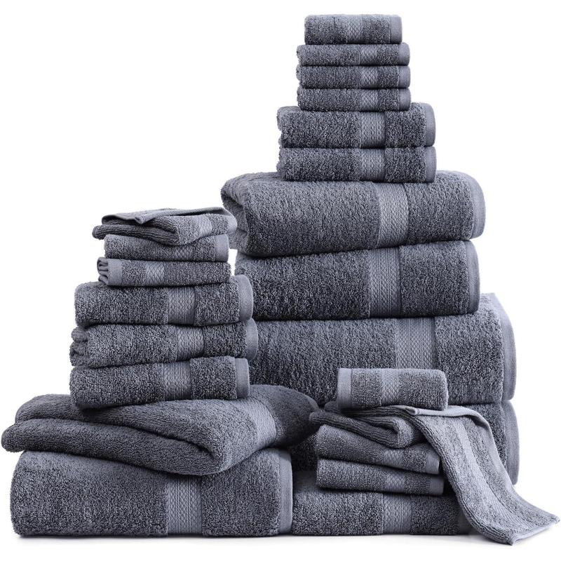 24 Piece Bath Towels Set - 100% Cotton Bathroom Towels, Absorbent Towels for Bathroom, 4 Large Bath Towels, 2 Bath Sheets, 6 Hand Towels, 8 Wash Cloths, 4 Fingertip Towels - Cool Grey